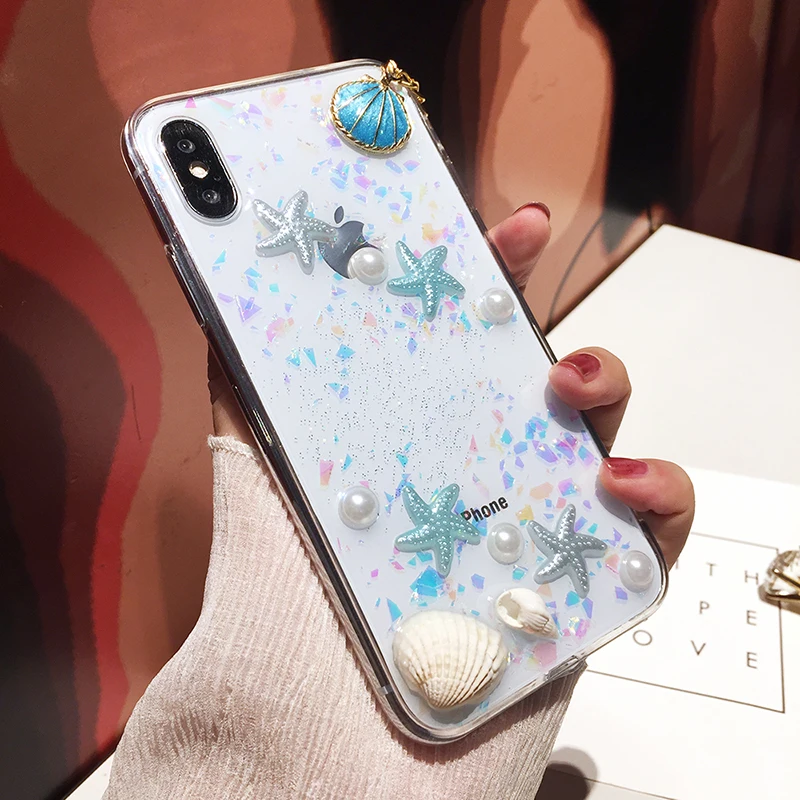 Phone Case for XS MAX XR 6Plus 7Plus Pearls Conch Shell Tassels Soft Silicon Clear iphone 6 6S 7 8 X Plus Coque |
