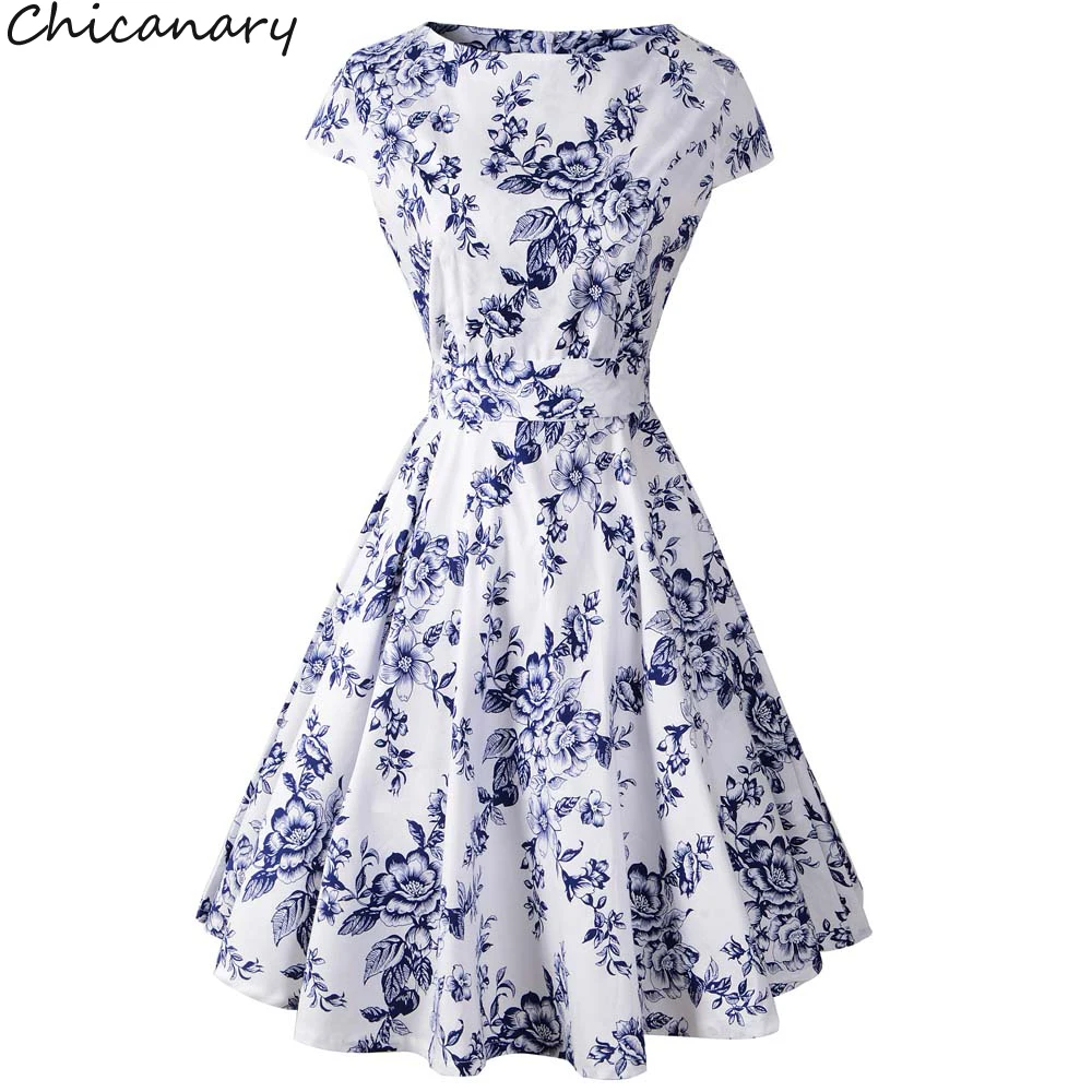 Chicanary Floral принт Для женщин 1950 s Винтаж Платья с коротким рукавом танцев хлопковое
