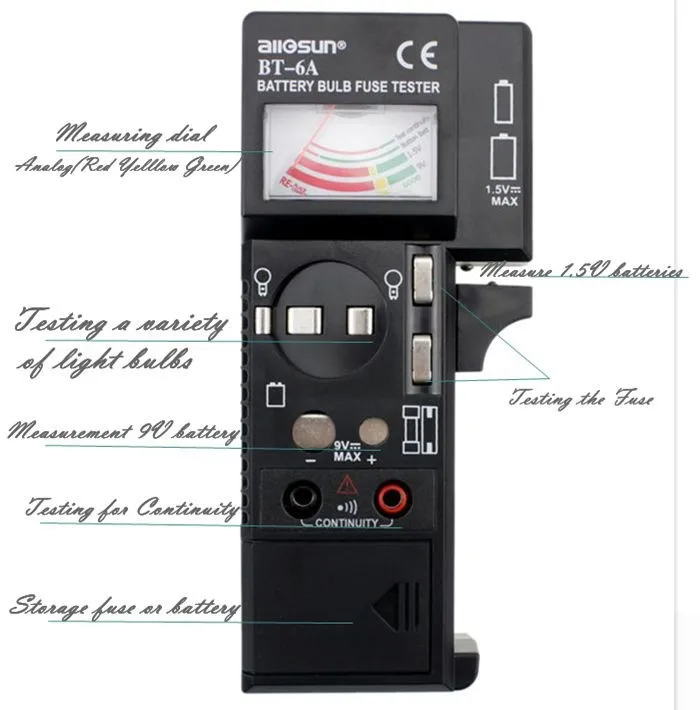 ALLSUN BT6A Многофункциональный тестер заряда батареи, тестер батареи. Тест непрерывности с тестовыми проводами