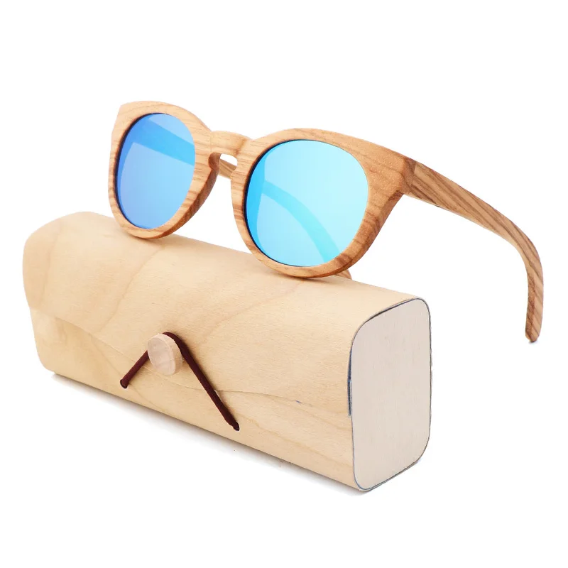 Ice Blue Wooden Box Коричневые солнцезащитные очки из чистого дерева зебры, поляризованные солнцезащитные очки, женские солнцезащитные очки из бамбука, UV400, ретро солнцезащитные очки, oculos de sol feminino - Цвет линз: Ice Blue Wooden Box