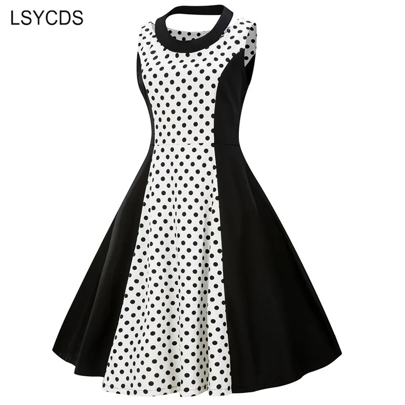 LSYCDS Women Summer Sexy Sleeveless Party Dresses 50s 60s Retro Style Ladies Rockabilly Swing Patchwork Vintage Dress Robe Femme | Женская