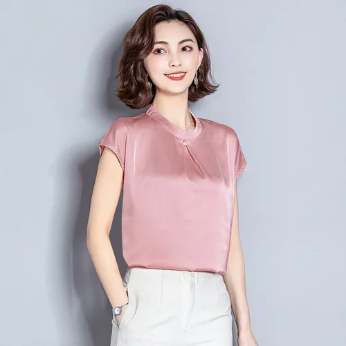 женские 2019 летняя футболка рукавами короткими однотонная шифоновая блузка