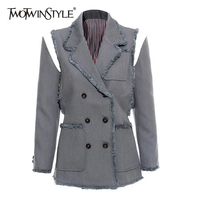 

TWOTWINSTYLE Tassel Patchwork Blazer For Women Lapel Collar Long Sleeve Big Size Coat Tops Female OL Fashion 2020 Autumn New