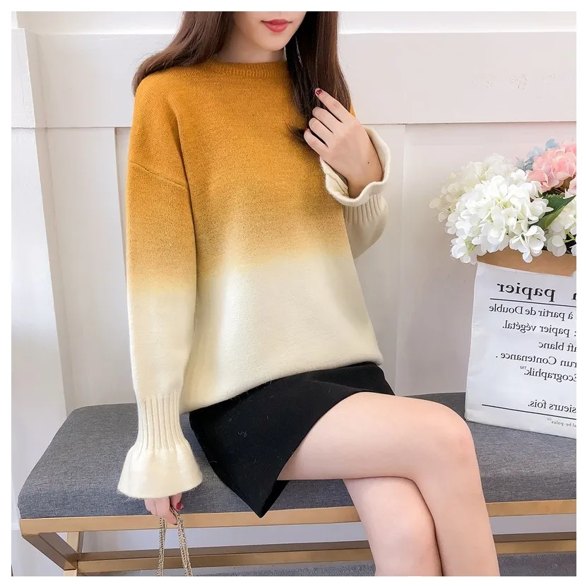 HSA 2018 Winter New Fashion Gradient Sweater Flare Sleeve Harajuku Pull Jumpers Blue Yellow Femme Korean pullover | Женская одежда