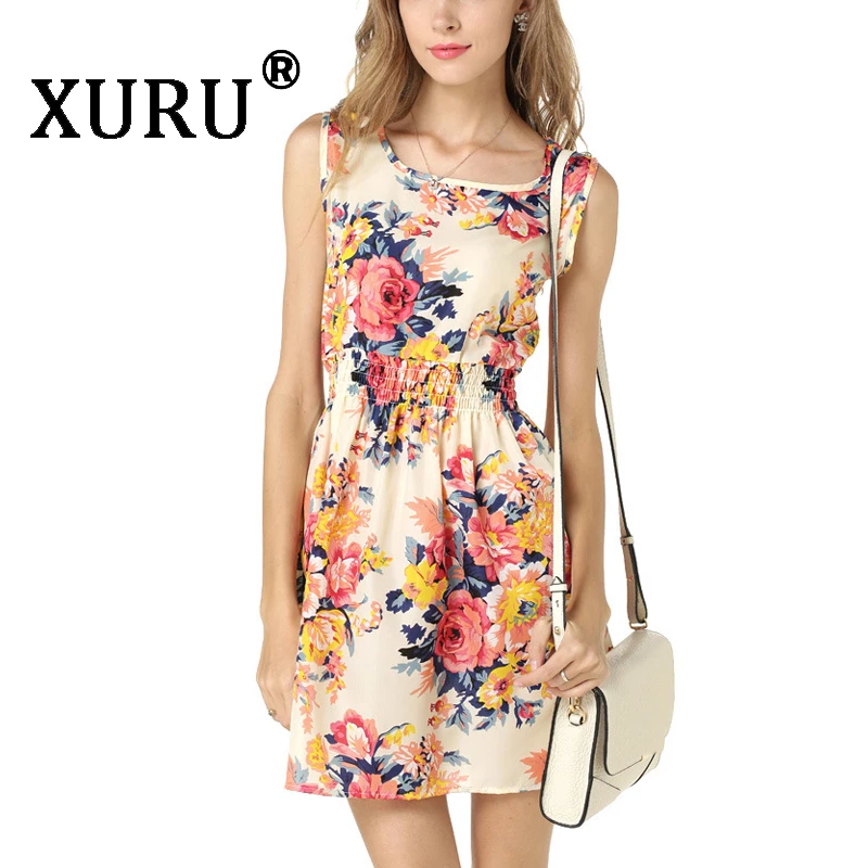 

XURU Summer New Women's Floral Chiffon Dress Big Swing Sleeveless Strap Print Large Size Dress Casual Dress S-2XL