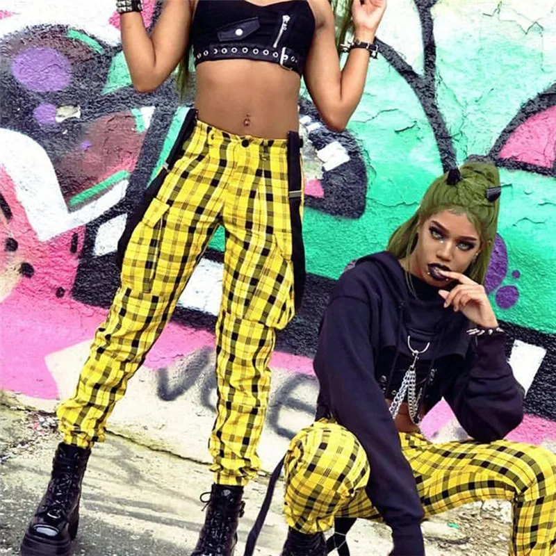 Женские брюки карго свободные желтые в клетку стиле Харадзюку|Брюки| |