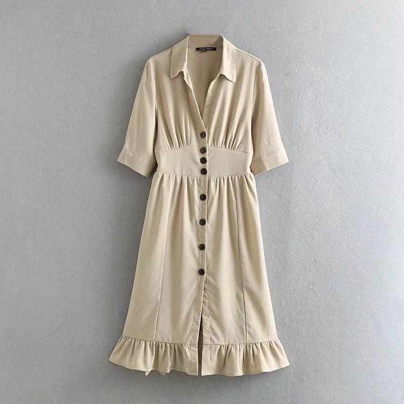 Женское льняное платье цвета хаки весна лето 2019 рубашка на пуговицах с высокой