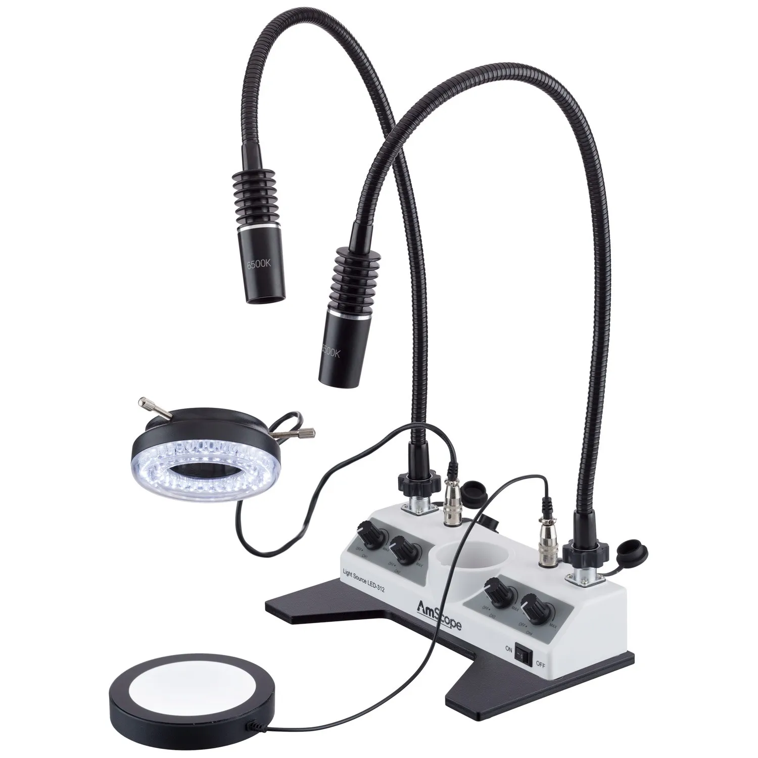 

AmScope LED Illuminator Set with Ring Light Two UV-395 Light Gooseneck Lamps + Base Plate LED-312W-2GOP-PB-UV395