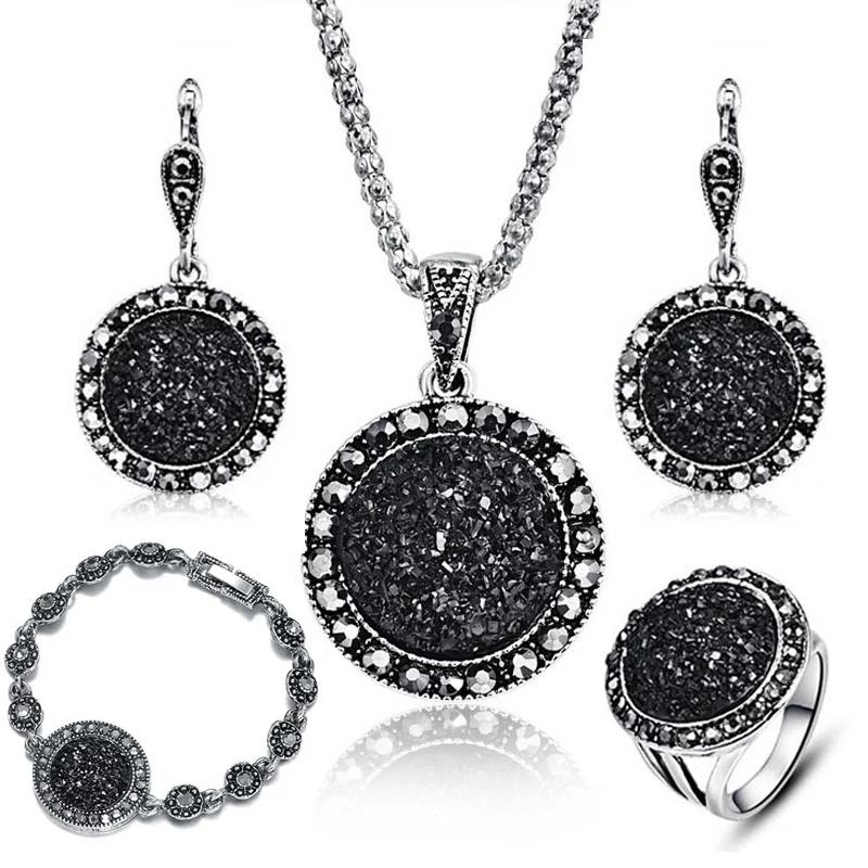 1 комплект кольцо и сережки с черными круглыми камнями ювелирный набор белый круг