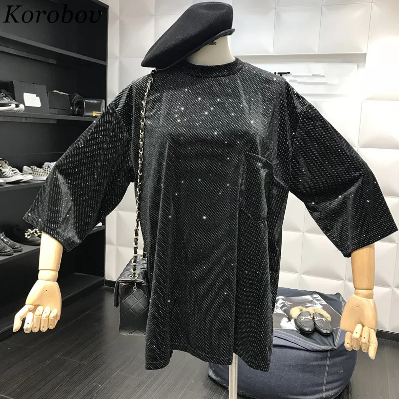 Korobov Корейская блестящая повседневная футболка с круглым вырезом и коротким