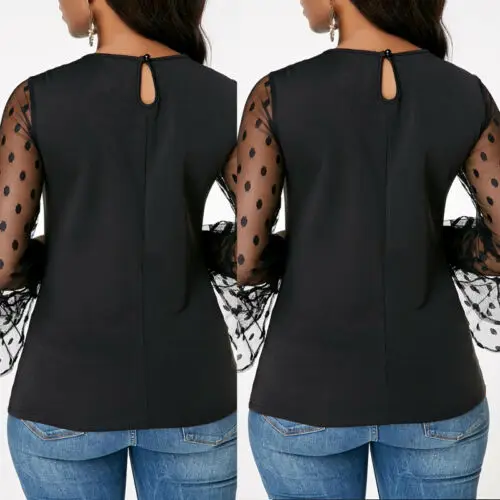 Женская свободная футболка в горошек с длинными сетчатыми рукавами и