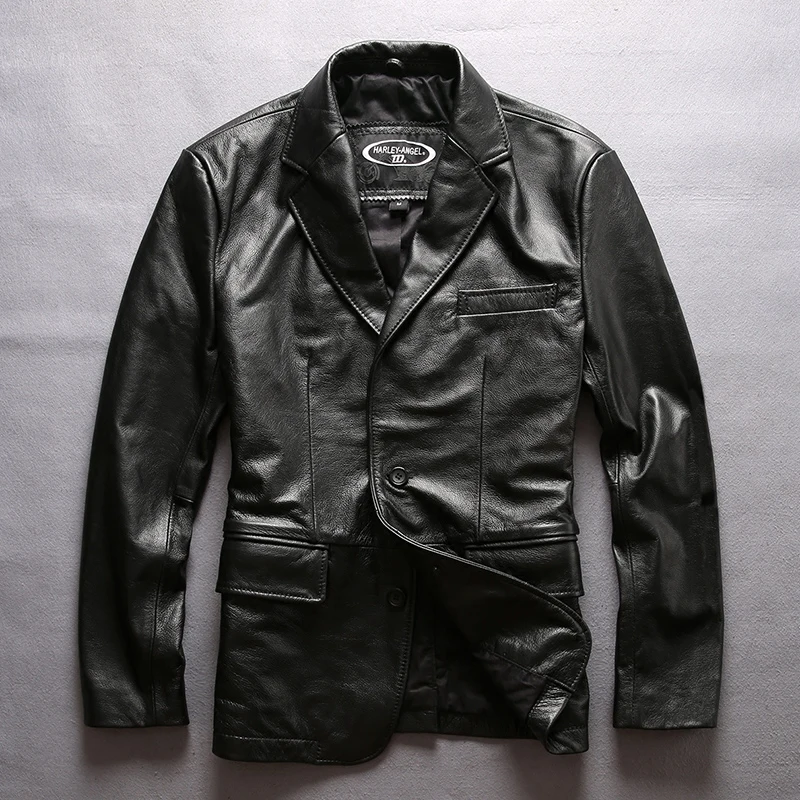 Мужской блейзер из натуральной кожи приталенный Блейзер с отложным воротником