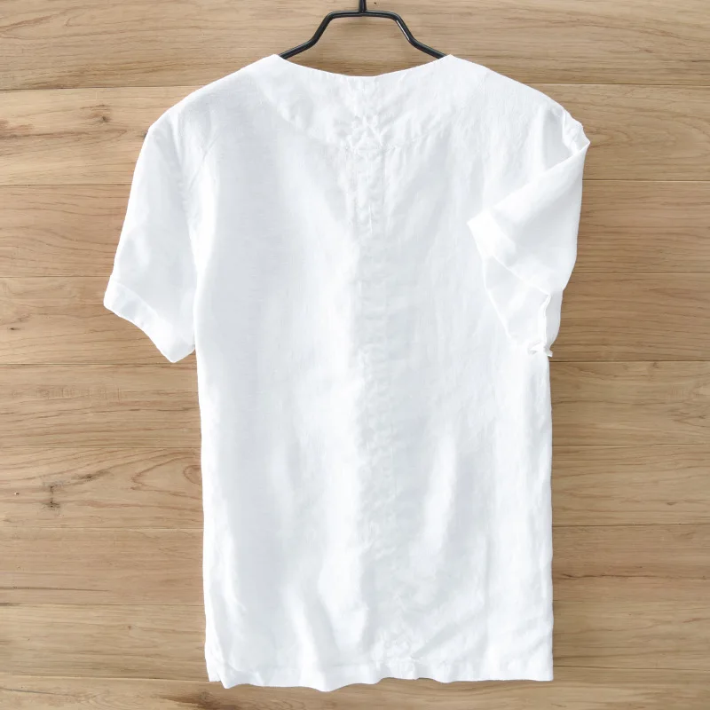 2017 Летняя мужская 100% льняная рубашка с коротким рукавом Повседневная однотонная