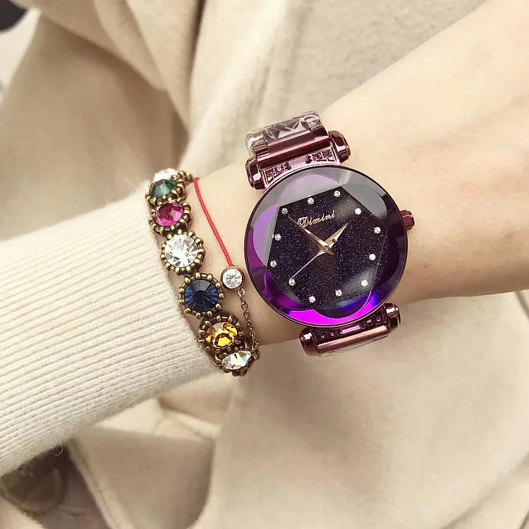 

Luxury Brand Women Stainless Steel Watch Ladies Crystal Bright Star Bracelet Watches WristWatch purple watch reloj mujer 2019