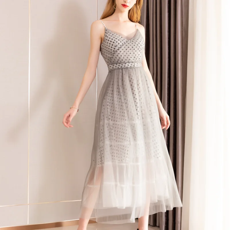 

Chiffon Polka Dot Dress Mesh Long Strapless Slip Dresses V Neck Runway Party Dress Women Summer sukienka Luxury Grey High Waist