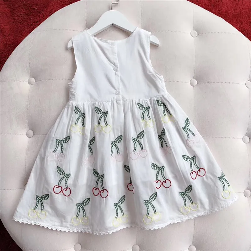 2019 NEW Cherry Pattern Embroider Baby Girls White Dress Floral Print Party Boutique Summer Puff Sleeve for Clothes | Детская одежда и