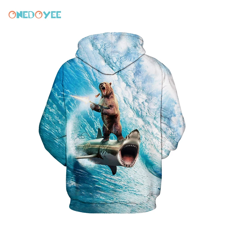 Onedoyee Новый Забавный акулы и Медведь 3D Толстовки Для мужчин Уличная толстовки