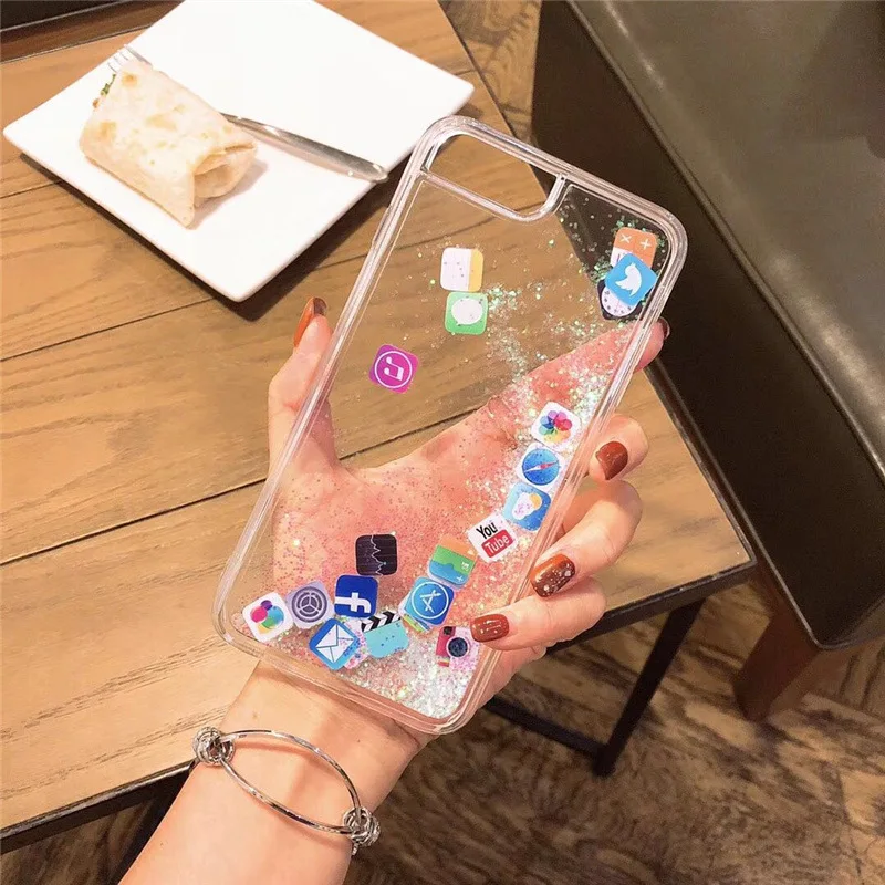 Flashing Dynamic Liquid Quicksand Back Case for iPhone X 8 7 6 6S Plus Transparent TPU Application Icons Phone Cute Cover |