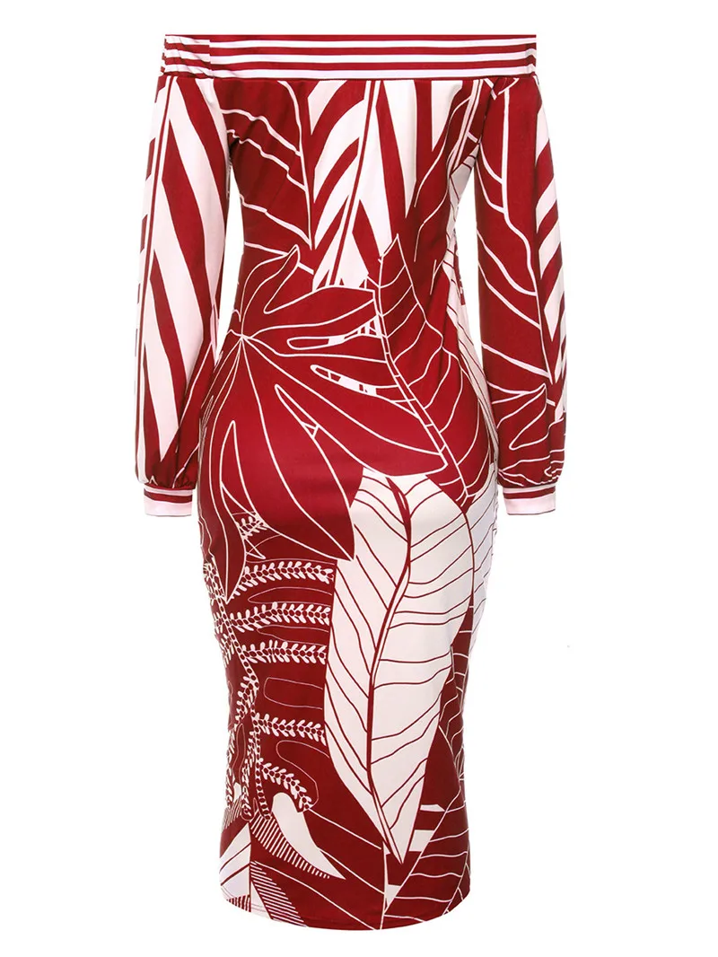

Sexy Elegant Work Business Office Dresses 2018 Women Slash Neck Lantern Sleeve Sheath Leaf Print Midi-calf Bodycon Pencil Dress