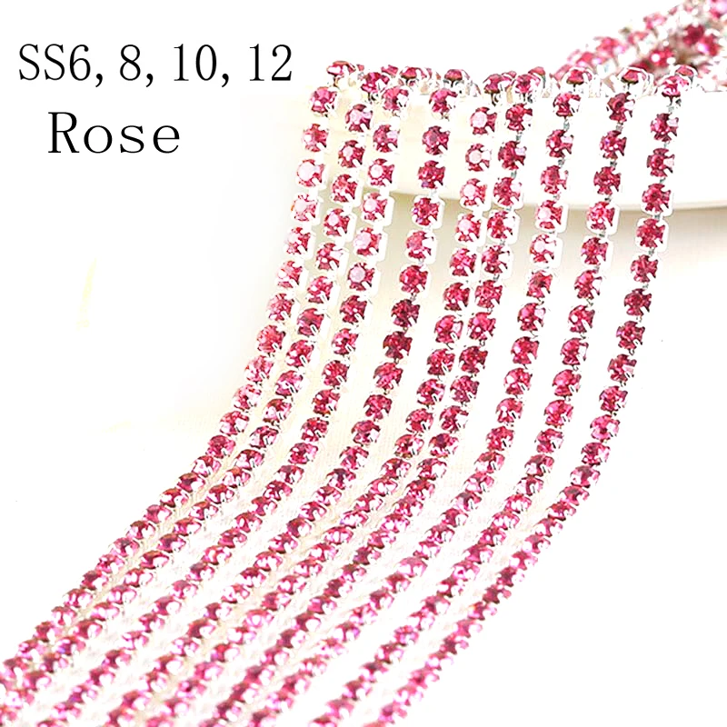 All Size Rose rhinestone cupchain silver setting SS6 8 10 12 10m sew on garment diy bridal dress belt banding rhinestones Chain | Дом и сад