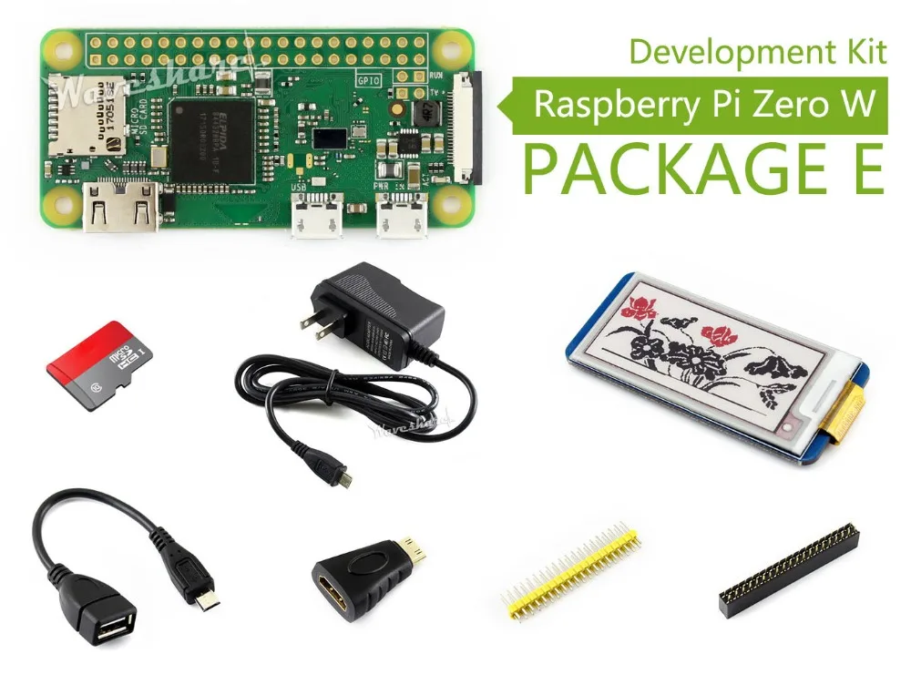 Raspberry Pi Zero W Package E Basic Development Kit Micro SD Card, Power Adapter, 2.13inch e-Paper HAT, and Basic Components