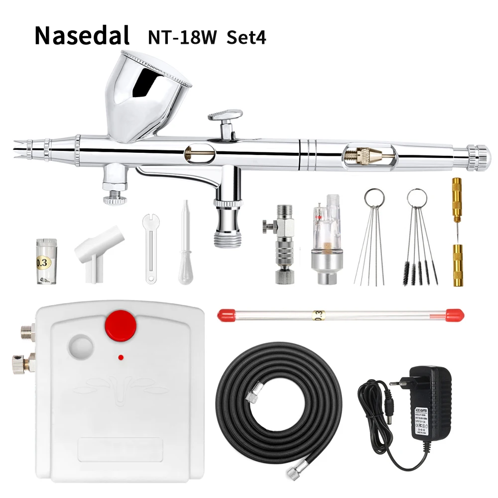 NT-18W-4 NT-18W, мини аэрограф, компрессор, набор, 9cc, двойное действие, Аэрограф, распылитель краски, пистолет для ногтей, для торта, автомобиля, краски, макияж - Цвет: NT-18W-4