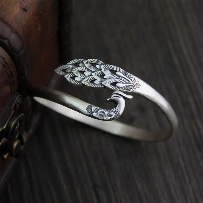 

C&R Real 990 Sterling Silver bangles for women bracelet Lady Vintage Peacock Opening Thai Silver Fine Jewelry Adjustable