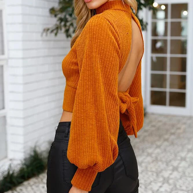 Hollow Out Turtleneck Knitted Sweater Women Sexy Backless Bow Tie Crop Top Autumn Winter Casual Pullover Female Knitwear Clothes | Женская