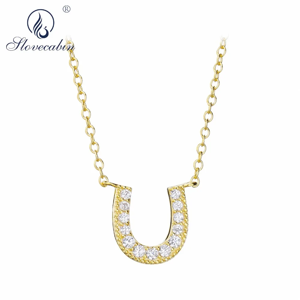 

Slovecabin 925 Sterling Silver Gold Horseshoes U Pendant Clear Zircon Crystal Women Jewelry 2019 Japanese Women Brand Necklace