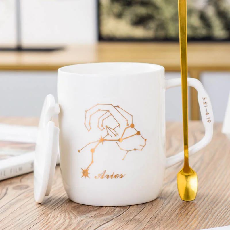 Aries (white) 12 созвездие керамическая кружка с покрытой ложкой креативная черная и белая Пара кофейная чашка ins чашка для воды - Цвет: Aries (white)