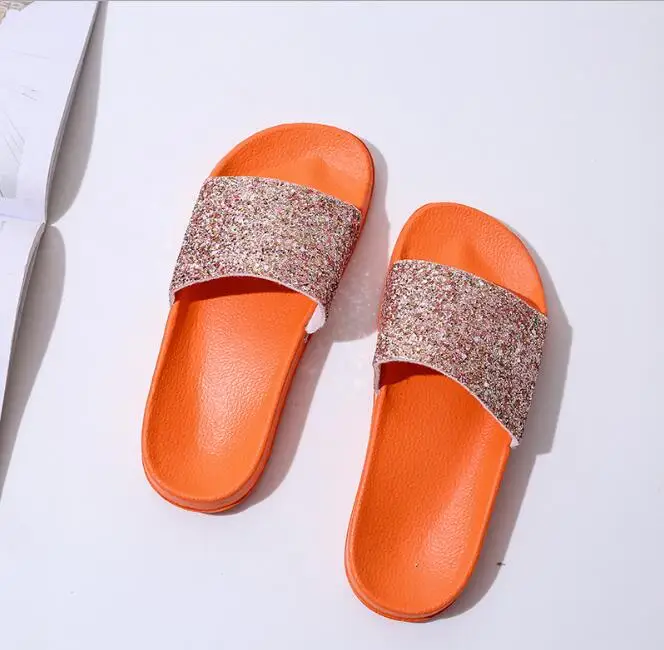 Orange COOLSA/женские летние Нескользящие однотонные шикарные тапочки на плоской подошве с блестками; дизайнерские шлепанцы на плоской подошве; пляжные домашние тапочки; женская сверкающая обувь - Цвет: Orange