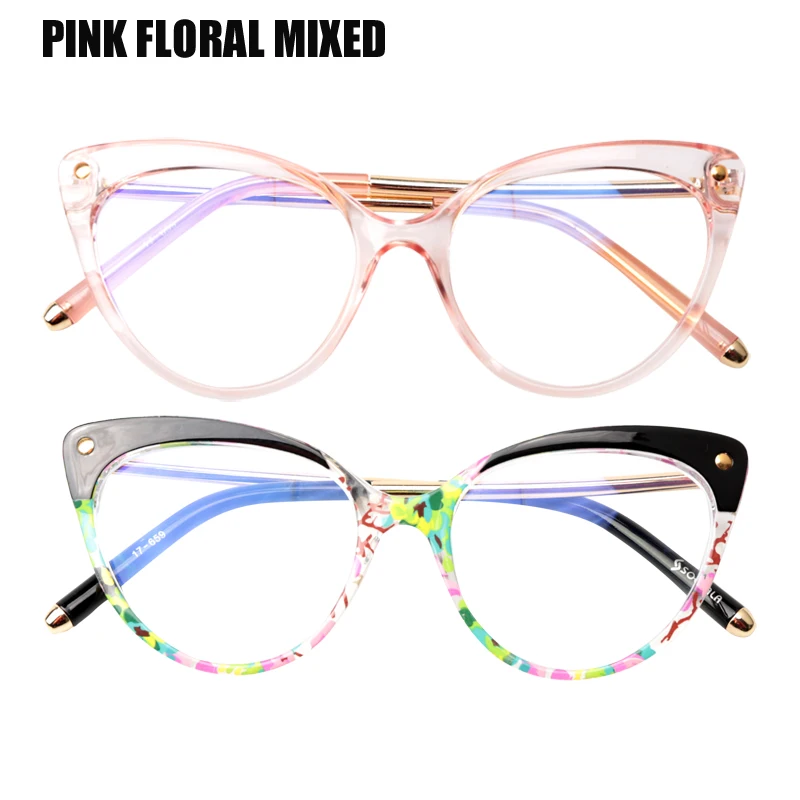 Pink Floral Mix SOOLALA TR90 кошачий глаз очки для чтения с анти-голубым светом женские полуоправы пресбиопические очки для чтения защита компьютера - Цвет оправы: Pink Floral Mix