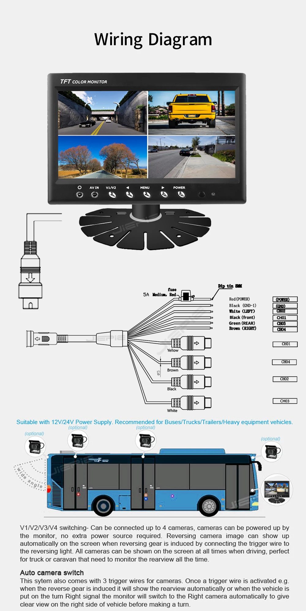 Jiepie 7 дюймов зеркало заднего вида Quad 4 Разделение экран монитор 4CH CCTV видео Вход 12 V-24 V Автомобильный резервный Системы для шины для грузовиков