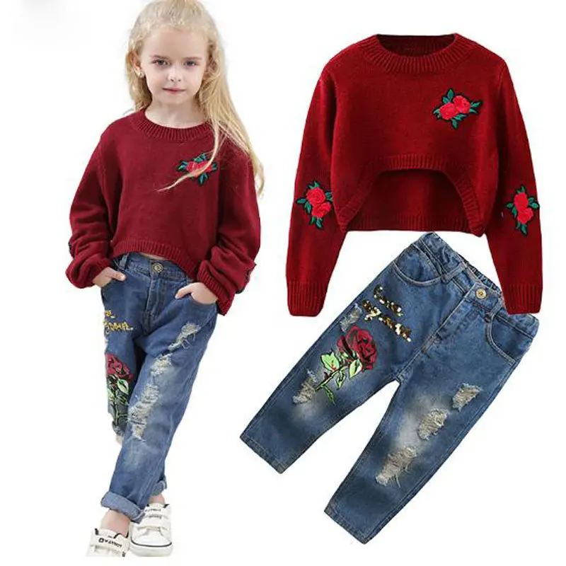 

DFXD New Fashion Girls Set 2018 Spring Autumn Girls Clothes Long Sleeve Flower Embroidery Knitted Sweater+Jeans Girls Outfits