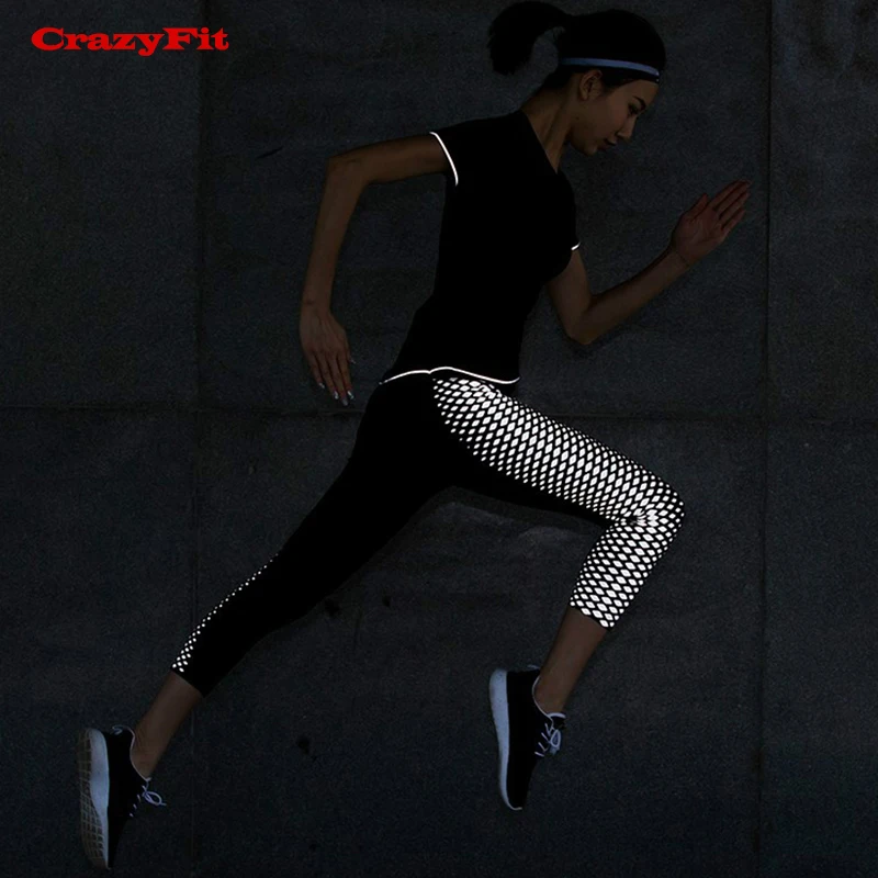 CrazyFit, спортивные женские колготки для фитнеса, йоги, отражающие, для ночного бега, Компрессионные Леггинсы, эластичная резинка на талии, лоскутные женские штаны