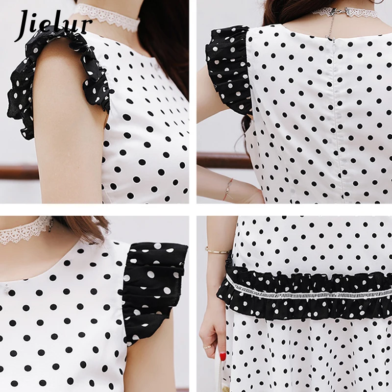 Jielur корейской моды рюшами в платье горошек Элегантный Винтаж S-XL vestidos mujer 2018 белый