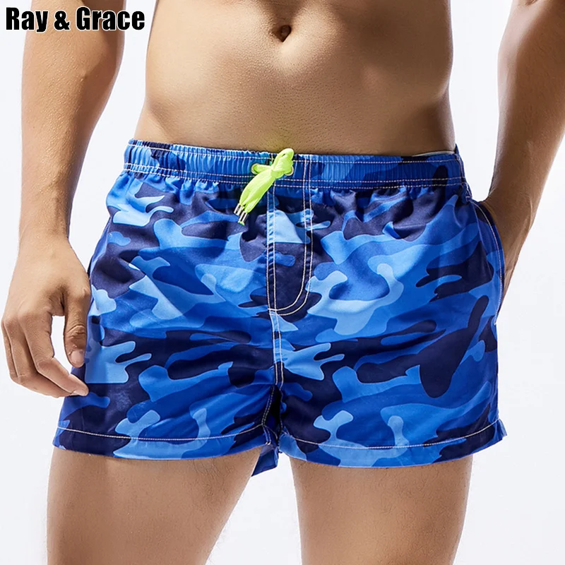 RAY GRACE Mens Beach Shorts Camouflage Breathable Beachwear With Pockets Summer Bermuda Surfing Board Swimming Swimsuit |