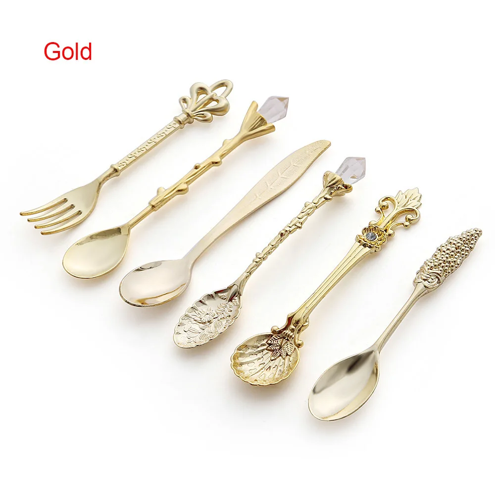 Gold 6 шт., винтажные ложки, вилка, мини, Королевский стиль, металлические, золотые, резные, кофейные, фруктовые закуски, призеры, десертная вилка, кухонный инструмент, чайная ложка, 1 набор - Цвет: Gold