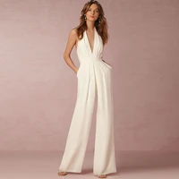 dower me sexy halter neck white jumpsuits pockets backless long elegant rompers wedding party womens black autumn playsuits