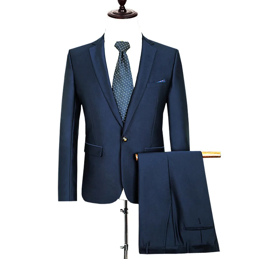 (Пиджак + брюки) мужской однотонный деловой хлопковый костюм приталенный