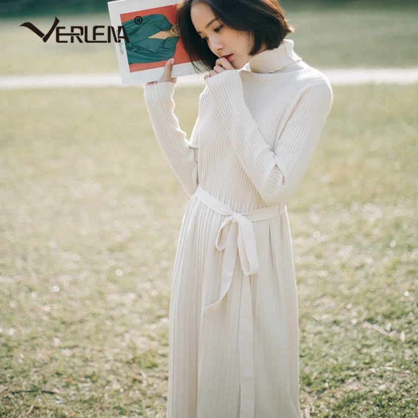 High Waist Roll Neck Rib Solid White Jumper Sweater Dress Elegant Women Long Sleeve Belt Spring Knitted VERLENA New 2019 | Женская