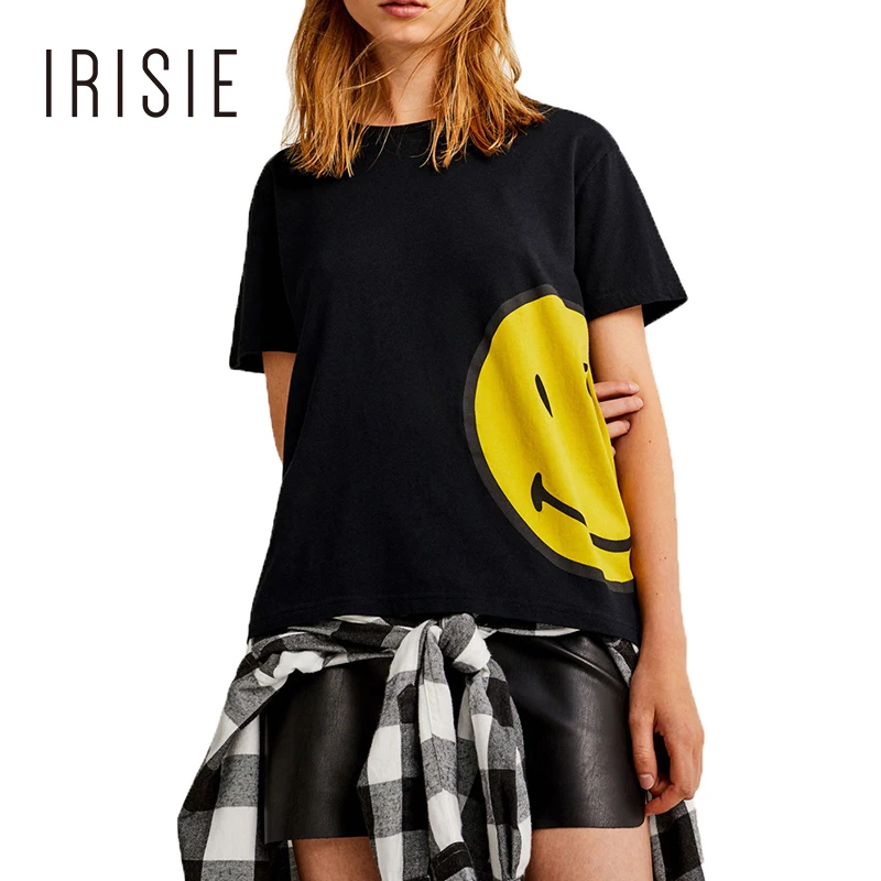 IRISIE 2018 г. Новая женская сбоку с рисунком улыбающегося Цвет блок пуловер Футболка
