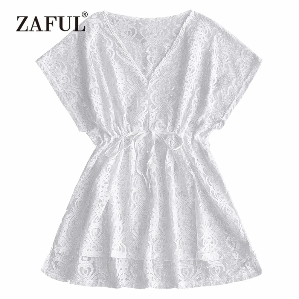 ZAFUL накидка Пляжное платье с v образным вырезом кружевное со сплошным коротким