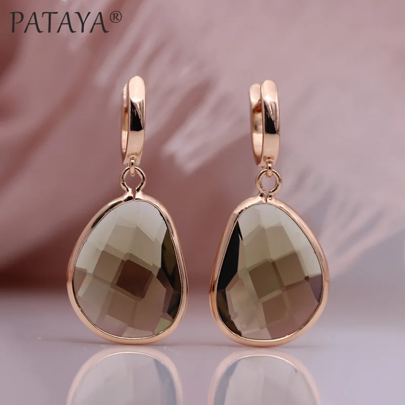 Tea Crystal Color PATAYA новые необычные длинные висячие серьги с зеленым Искусственным цирконием, 585 розовое золото, женские изящные свадебные вечерние Простые Модные ювелирные изделия - Окраска металла: Tea Crystal Color