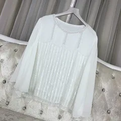 Cakucool Женская Весенняя шифоновая блузка с длинным Расклешенным рукавом, вышитая бисером, Blusas, тонкая, подходит ко всему, с блестками, шикарные женские блузки рубашки - Цвет: white