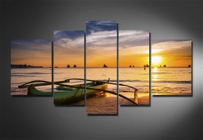 

5 Panel Wall Art Seaside Landscape Painting Sunset Seascape Canvas Prints Home Decor Picture for Living Room framed/HX-071