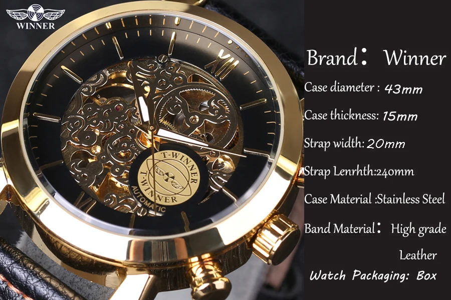 Часы наручные Winner Мужские автоматические брендовые Роскошные модные золотистые