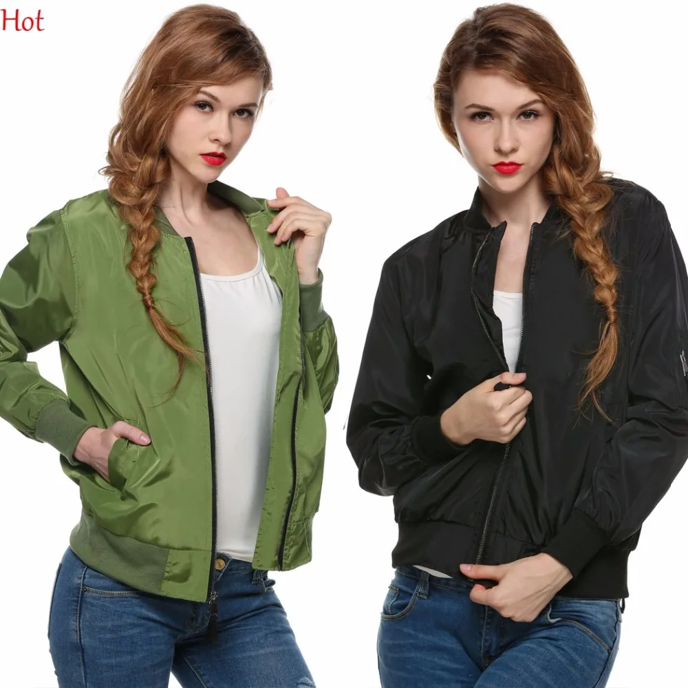 Women Bomber Jacket 2017 Autumn Ladies Jackets Tops Solid Color Zipper Baseball Slim Casual Black Green SV028216 | Женская одежда
