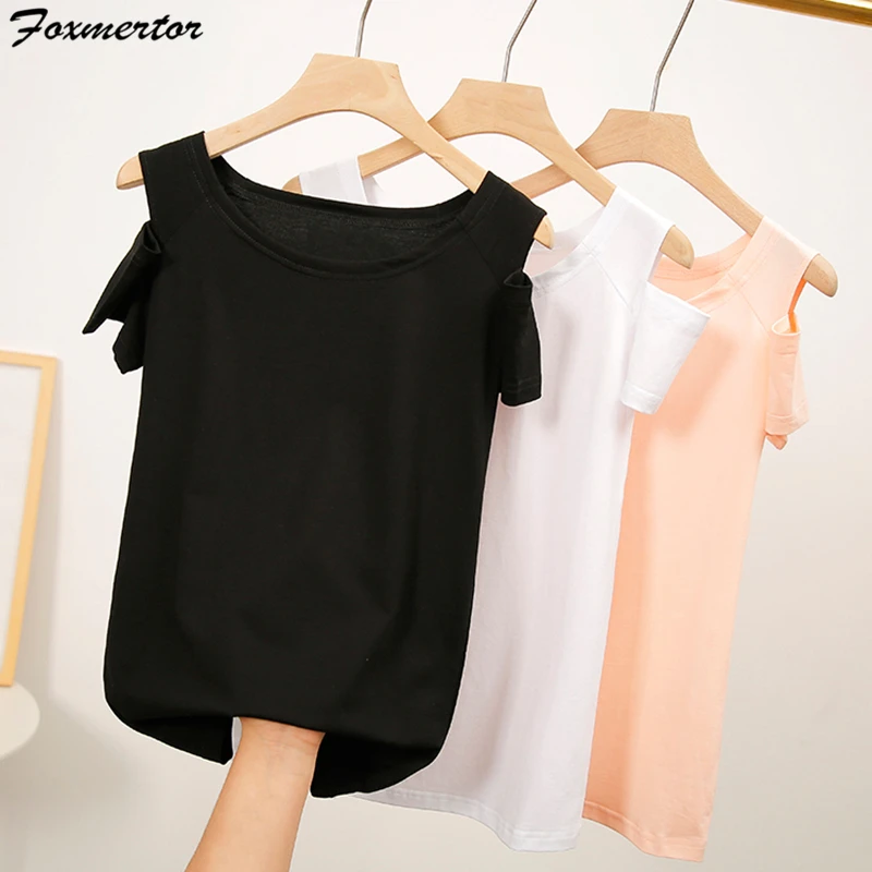 Женская Однотонная футболка с открытыми плечами летняя в Корейском стиле