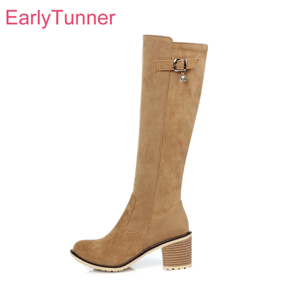 

Brand New Winter Sales Wide Calf Women Knee High Riding Boots Gray Apricot Sexy Lady Shoes Chunky Heel EK27 Plus Big size 10 43